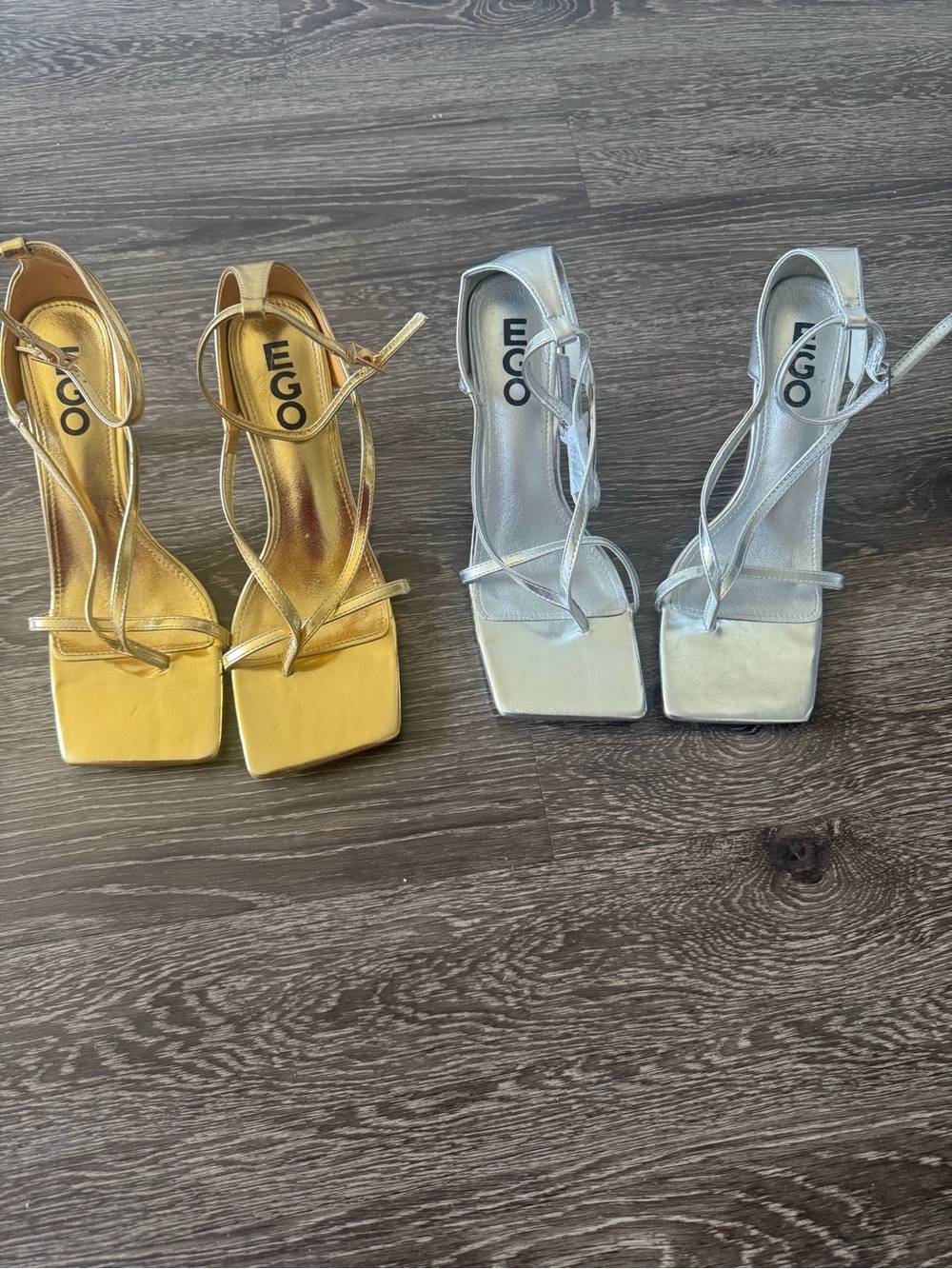 EGO Metallic Strappy Square-Toe Heels in Gold and Silver